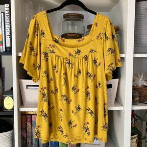 Lucky Brand Square Neck Mustard Yellow Floral Top L